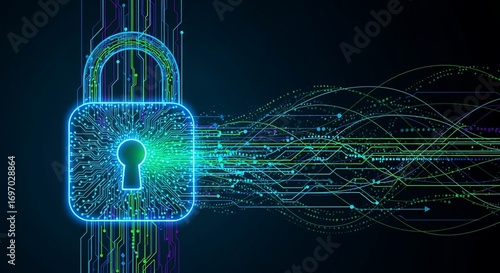 Futuristic cybersecurity concept featuring a glowing digital padlock and data streams, symbolizing network protection and online privacy