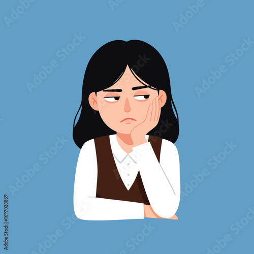 Woman with dark hair showing boredom or disinterest in a thoughtful pose on blue background vector illustration 