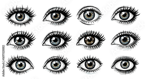 Twelve eyes with lashes in various angles and styles on white background