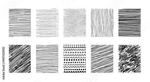 Ten rectangular panels displaying varied black and white line patterns