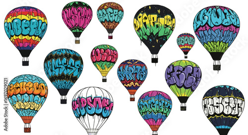 A collection of colorful hot air balloons with graffiti style writing art