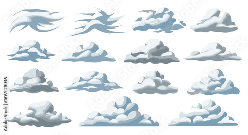 Illustration of sixteen cartoonish white and gray colored cloud shapes