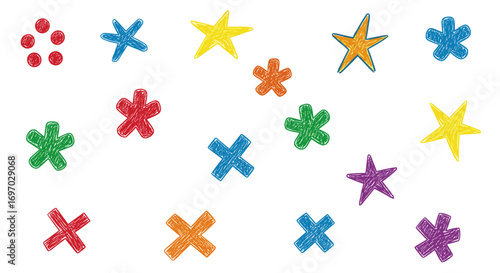 A colorful array of hand drawn stars and asterisk shapes scattered about