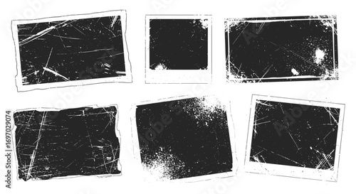 Six distressed photo frames with grunge texture in black and white style