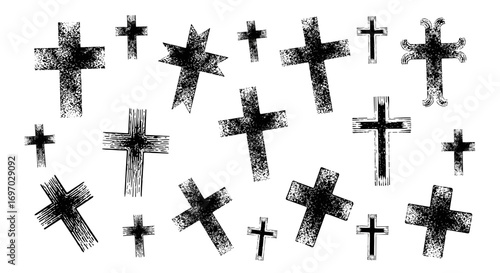 Collection of grungy black crosses scattered on a white background art