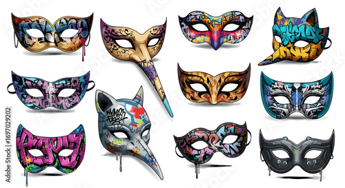 Collection of twelve decorative venetian masks with various designs and colors