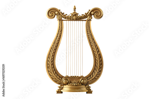 Exquisite antique golden lyre harp with intricate floral carvings, a symbol of music and ancient artistry, isolated on a white background