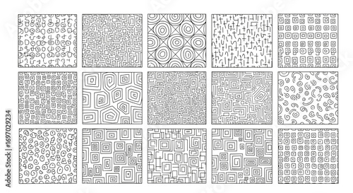 Fifteen black and white abstract patterns in rectangular arrangements