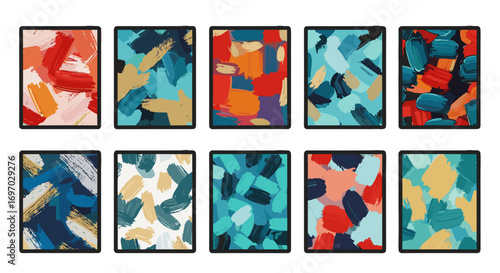 Collection of tablets displaying abstract brushstroke art in various hues