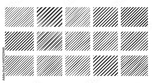 Fifteen squares with diagonal line patterns in varying densities and styles