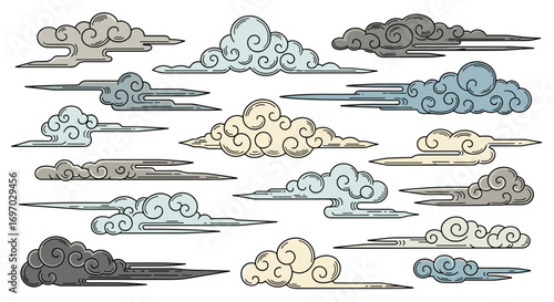 Collection of stylized clouds in various shapes and color variations