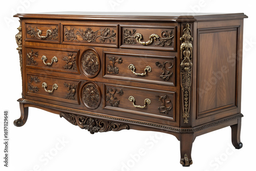 Exquisite antique mahogany dresser with ornate carvings, offering a touch of vintage luxury and sophisticated storage for any home