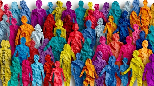 Colorful crowd of paper silhouettes symbolizing diversity. 