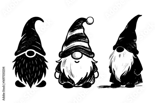 Three adorable gnomes with beards and tall hats in a hand-drawn ink sketch style on a white background, concept of fantasy characters
