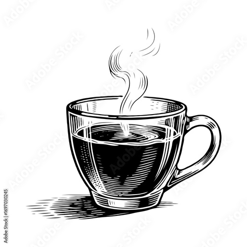 Steaming coffee cup drawn in vintage engraving style, black and white sketch on white background, concept of hot beverage and morning energy