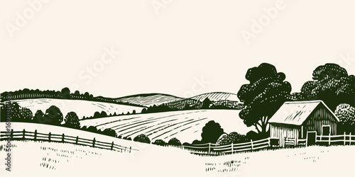 Countryside scene showing a rustic farmhouse, rolling hills and field lines in a monochrome drawing style on a light background