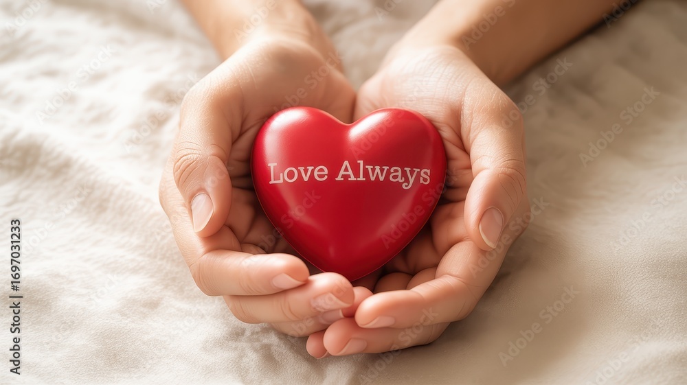 Obraz premium Hands holding a red heart with the words Love Always, symbolizing love and affection in a cozy setting - AI Generated Digital Art