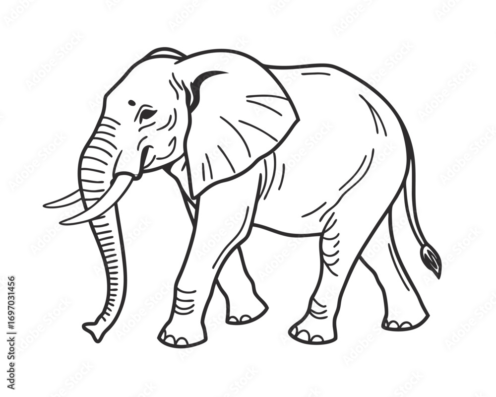 Obraz premium African Elephant Line Art Illustration Majestic Creature in Black and White Walking Gracefully Strong Symbol of Wildlife Conservation