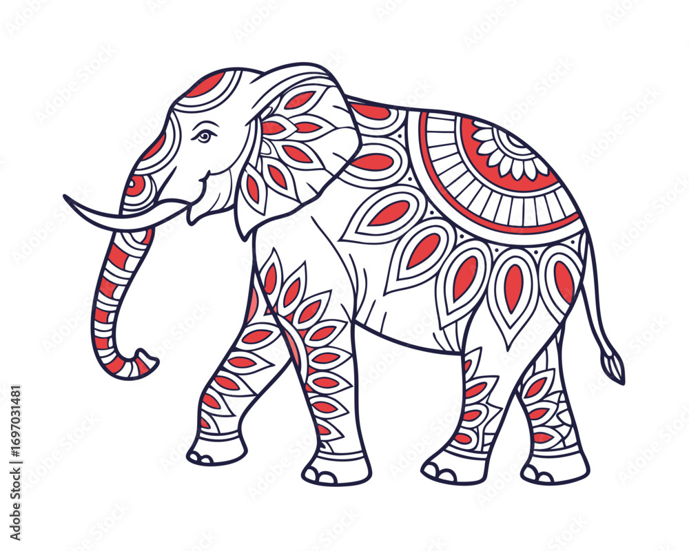 Fototapeta premium Ornate Elephant Vector Illustration with Red Accents Detailed Line Art Design for Cultural and Artistic Projects
