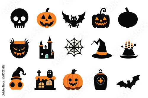 Collection of Halloween icons set silhouette vector art illustration.