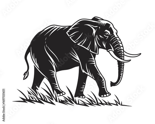 Majestic African Elephant Walking Through Grasslands Black and White Illustration Striking Wildlife Image Perfect for Conservation Awareness and Design Projects