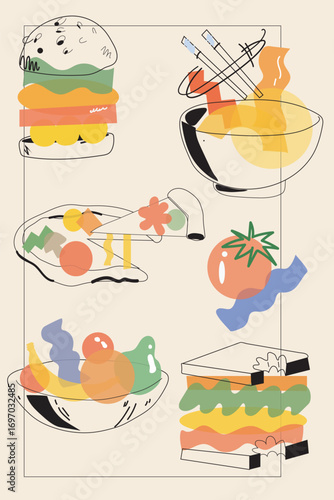 Cut milimalistic vector set. Flat illustration. Different types of delicious lunch.Subtle colors. Design for placat, menu, brochur