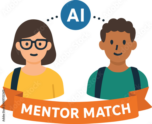 AI pairing two avatars connected with mentor match ribbon illustration