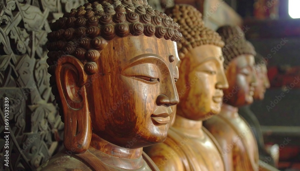 Obraz premium Serene Row: Ancient Wooden Buddha Statues in a Tranquil Setting