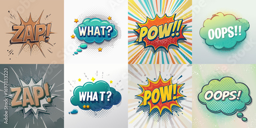 Colorful comic style text bubble vector set featuring Zap, What, Pow, and Oops expressions. Perfect for pop art designs, retro posters, stickers, and digital illustrations.