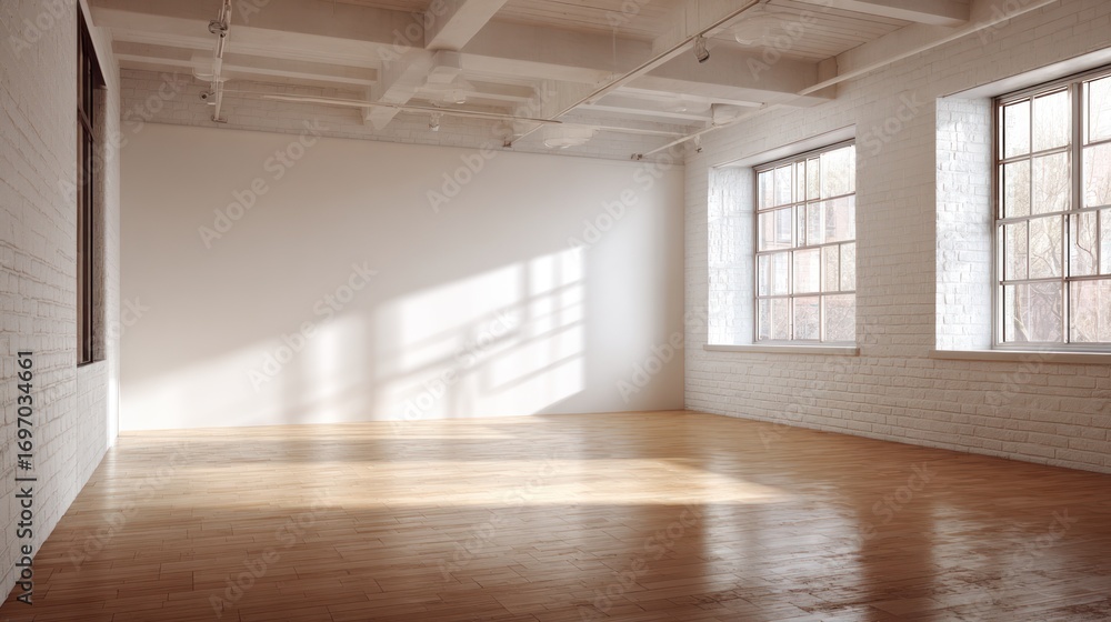 Fototapeta premium Bright, spacious interior with hardwood floor, large windows, and exposed ceiling beams