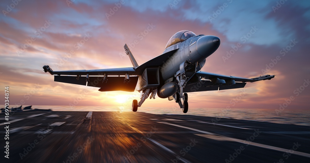 Fototapeta premium Un avion de chasse atterrissant sur un porte-avions, avec un effet de flou de mouvement et un coucher de soleil en arrière-plan.