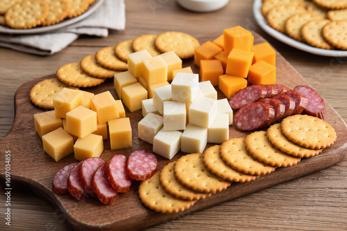 Assortment of cheese cubes with crackers and sausage on a wooden platter