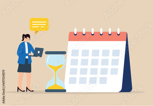 Flat illustration of businesswoman work on laptop with sandglass and calendar managing deadlines for project launch