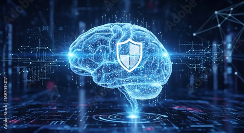 Holographic brain with a security shield, a conceptual illustration of safeguarding neural networks and data privacy in a digital world