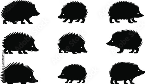 Collection of cute hedgehog animal silhouettes, isolated black spiky shapes, wildlife vector icons, cartoon design, adorable forest animal illustration.