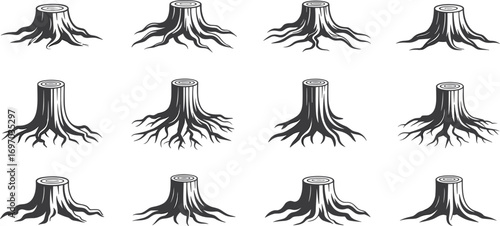 Tree stump roots vector illustration, wood log cut design, forest deforestation concept, natural tree trunk icon, environmental nature symbol set.