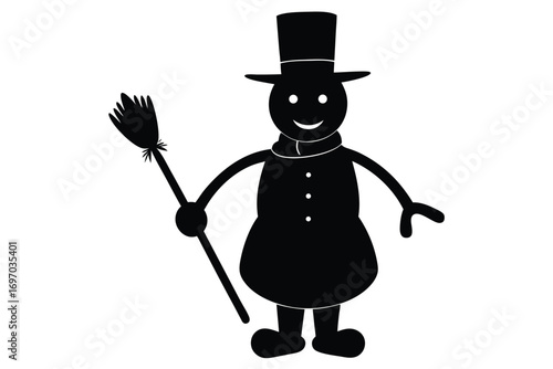 snowman with broom silhouette vector art