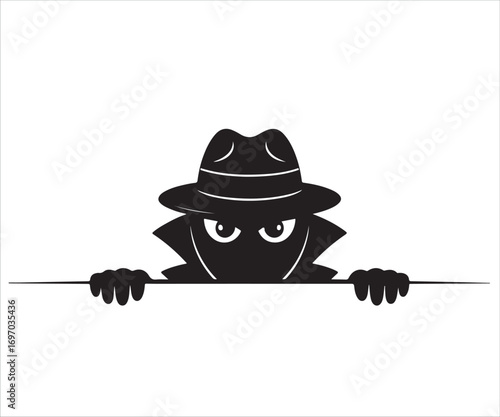 Silhouette of spy character in hat and coat peeking illustration