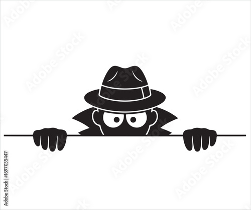 Silhouette of spy detective character in hat and coat peeking over line, secret agent illustration, mystery investigator concept, undercover disguise, security icon, crime surveillance, and espionage 