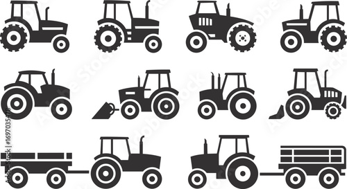 Black silhouette tractor icons set, heavy farming vehicles, loaders and trailers, agriculture machinery illustration for rural equipment design projects.