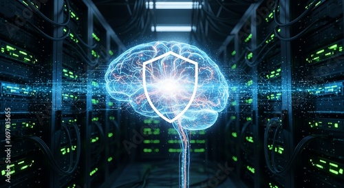 Protecting neural networks and big data, a concept of AI cybersecurity with a glowing brain and shield in a server room