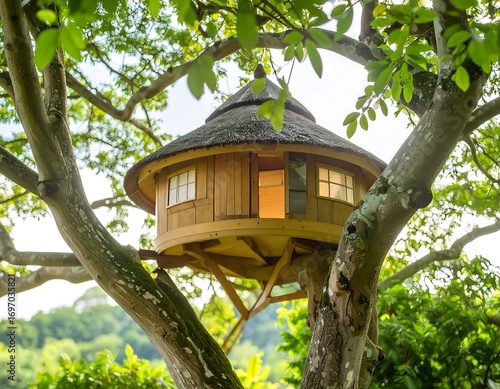 Wooden treehouse nestled in foliage