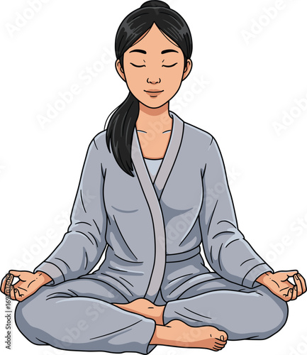 Calm woman meditating in lotus pose wearing gray outfit, peaceful mindfulness and yoga practice, vector wellness and relaxation concept.