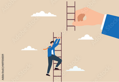 Flat illustration businessman climb broken ladder with giant helping hand connect next part