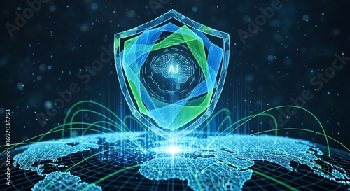 Futuristic artificial intelligence shield protecting a global digital network. Concept of AI-powered cybersecurity and data protection