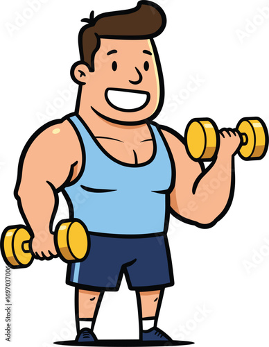 Cartoon muscular man lifting yellow dumbbells, smiling fitness character in gym clothes, vector workout illustration isolated on white background