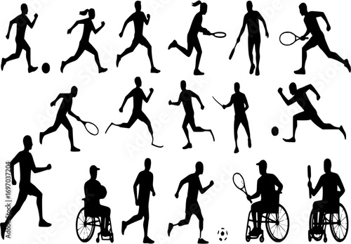 Silhouettes of diverse sport people with health conditions or impairments. Athletes participating in competition, running, playing tennis, basketball, soccer. Vector illustration isolated