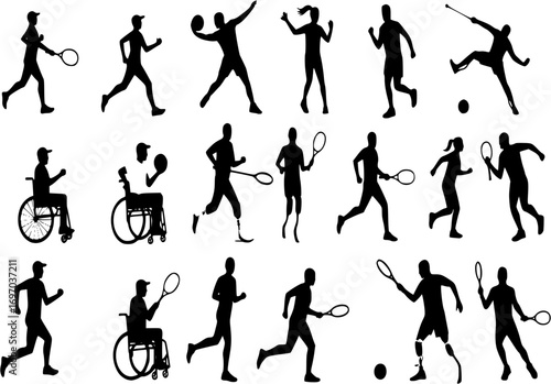 Silhouettes of diverse sport people with health conditions or impairments. Athletes participating in competition, running, playing tennis, basketball, soccer. Vector illustration isolated