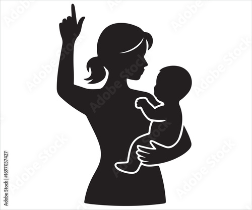 Silhouette of mother holding baby in arms, parent and child love illustration, family care concept, motherhood symbol, maternal bond, parenting, nurturing design, childcare graphic, parenthood and aff