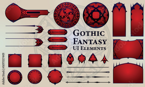 Set of Red Gothic Fantasy Elements for user interface, poster, video. Fantasy magic HUD. Template for rpg game interface. Vector Illustration EPS10